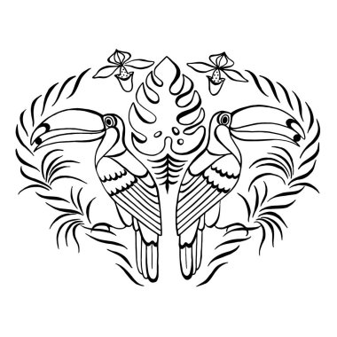 El yapımı egzotik kuş ve çiçek. Siyah beyaz çizim. vektör resmi.