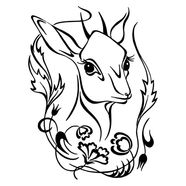 Hayvan geyiği süsü. Zarif bir vektör, çiçekli bir süs eşyasıyla çerçevelenmiş bir geyiğin kafasını çiziyor. Kaligrafik çizim.