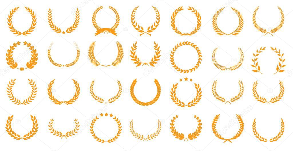A large set of golden laurel wreaths of the winner (28 pieces). Award logo design. First place symbol. Celebration of decorative traditional stained glass greetings. Laurel wreath award.