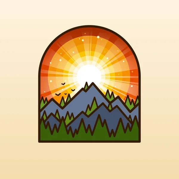 一个简单的平面橙色景观场景在一个窗口 自然图解 从窗口看风景 山脚下森林的图解 — 图库矢量图片