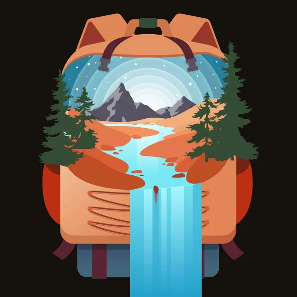 Travel backpack illustration with nature inside. Beautiful landscape of mountains, rivers with a waterfall inside a backpack