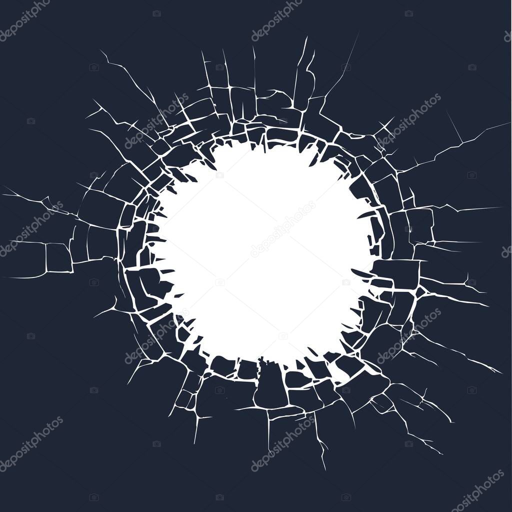 Round hole with many cracks. A frame with an internal round hole and many cracks diverge on the sides.