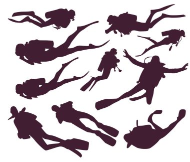 Set of silhouettes of divers floating at depth in the sea