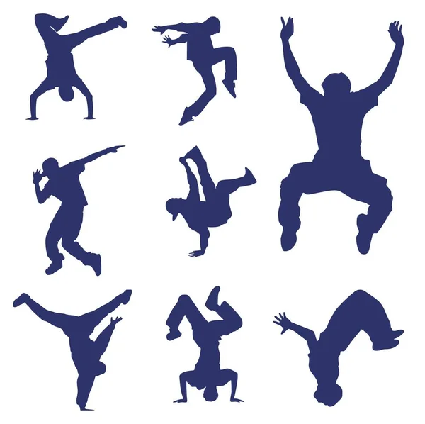 Set Silhouettes Eight Dancing Guys — Vetor de Stock