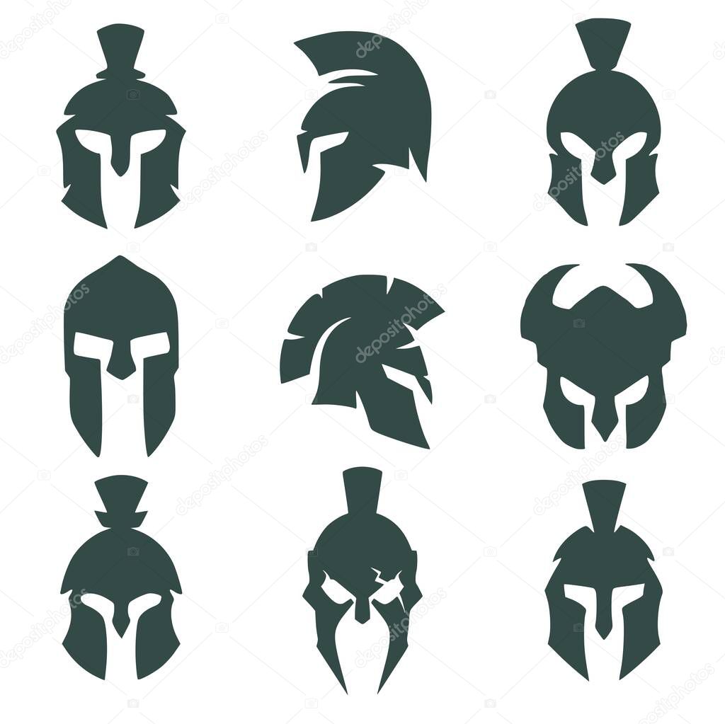 Set of nine spartan helmets. Commander's helmet