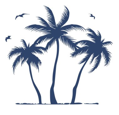 Three palm trees grow nearby on the beach