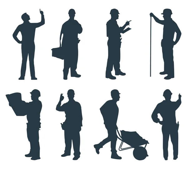 Set Eight Silhouettes Construction Workers — Vector de stock