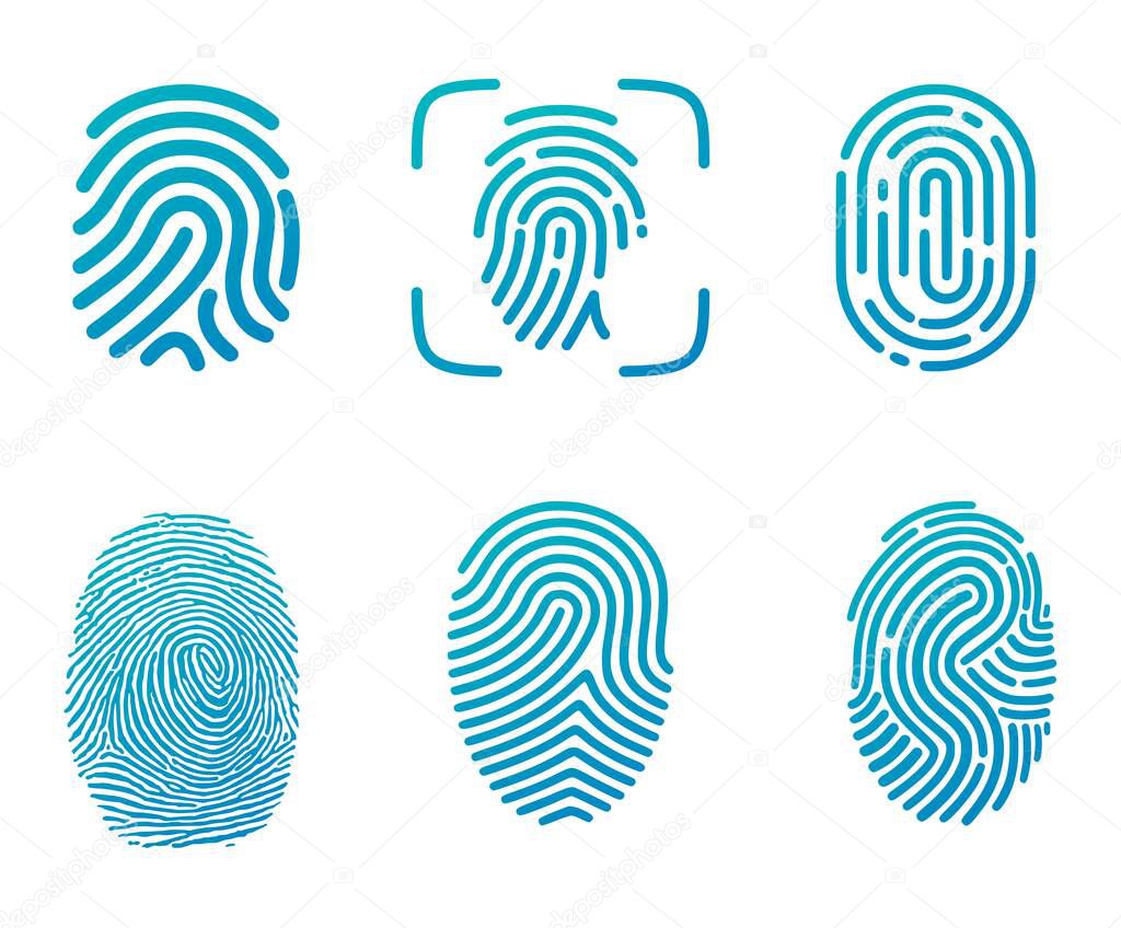 Set of six blue fingerprints