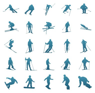 Set of ski adventurers silhouettes. Skiers and snowboarders.