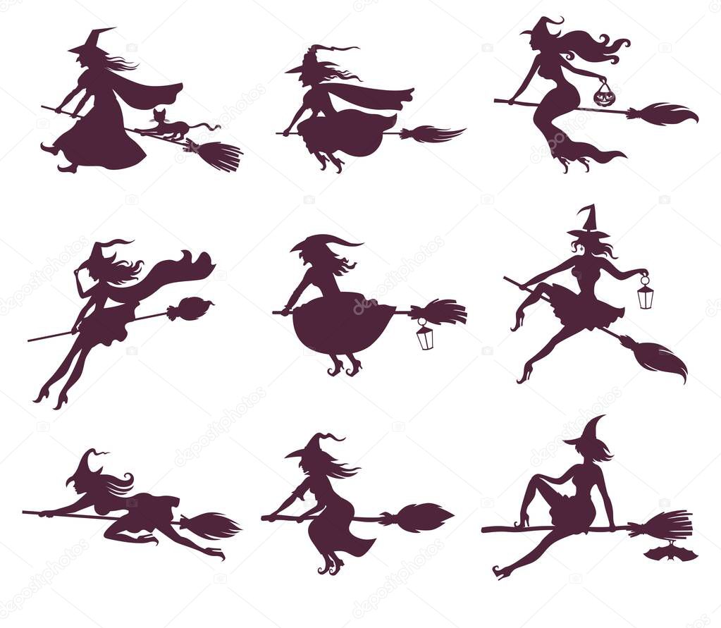 Set of silhouettes of Halloween witches on broomsticks