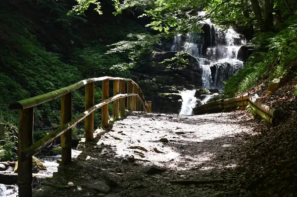 Dağlardaki şelaleye giden yol.