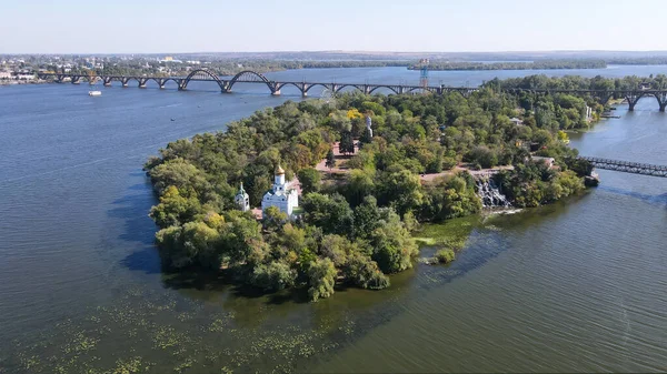 Top View Church Bridge Island City Dnipro — 스톡 사진