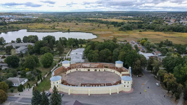 Top view of an oval estate in the form of a small fortress with 4 towers in the city of Trostyanets 