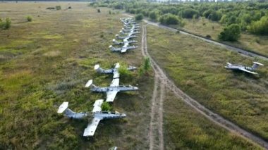 Top view of old training aircraft at an abandoned airfield in the city of Volchansk 