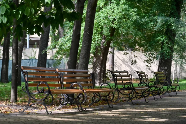 Parktaki Banklar Ziyaretçileri Bekliyor — Stok fotoğraf