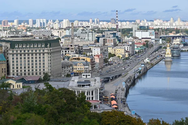 Top view of the river station and the Dnieper river in the city of Kyiv