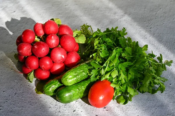 Les Rayons Soleil Illuminent Les Légumes Qui Reposent Sur Table — Photo