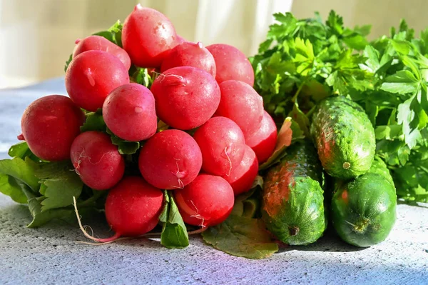 Die Sonnenstrahlen Erhellen Das Gemüse Das Auf Dem Tisch Liegt — Stockfoto