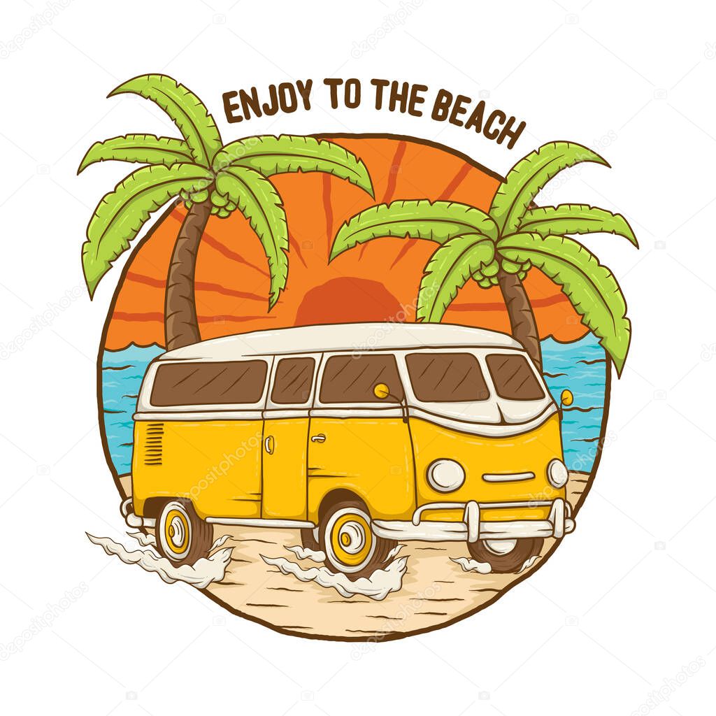 hand drawn illustration of a car on the beach