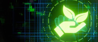 Ekoloji ve Teknoloji Konsepti Parlayan Işıklar ve El Baskısı 3D Render