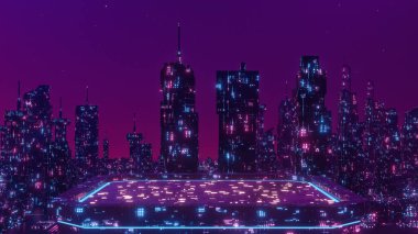 Geleceğin Gece Şehri Retro Cyberpunk Efekti 3D Sunucu