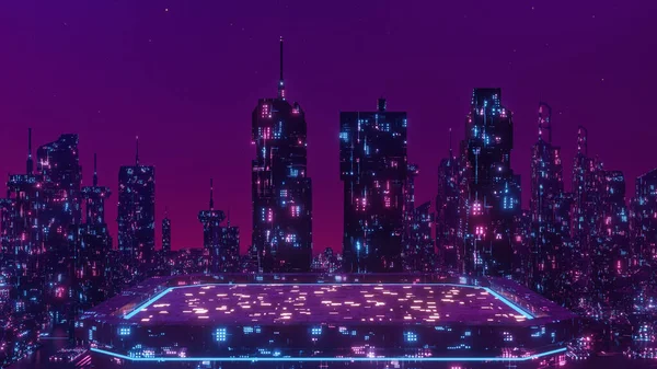 Nächtliche Stadt Der Zukunft Retro Cyberpunk Effect Render — Stockfoto