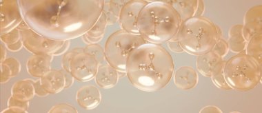 Kolajen damlaları, cilt bakımı ve tedavi için serum vitaminleri. Soyut kimyasal arkaplan 3B Hazırlama