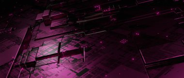 Dijital çip. Parlak çizgiler. Işıltı küpleri. Soyut Yaratıcı Devre Tahtası Fütüristik Sunucu Kodu İşleme 3B