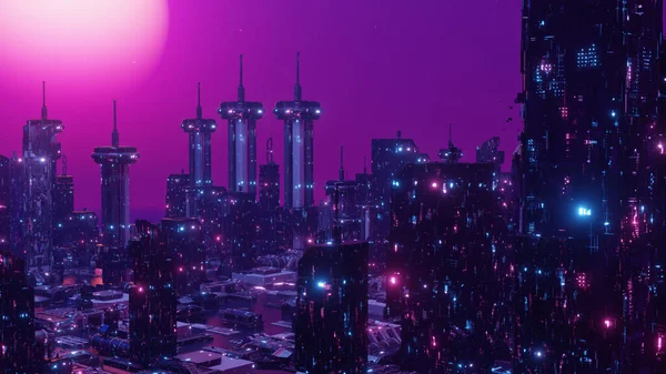 Cyberpunk Paysage Urbain Néon Lumières Scène Nuit Render — Photo