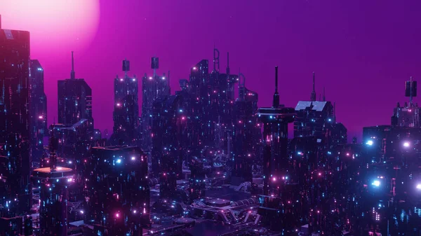 Purple Blue Light Neon Skyscraper Cyber Punk City Wallpaper Background — Stock Photo, Image