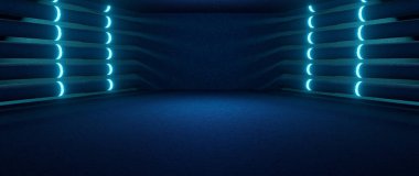 Gelecekçi Endüstriyel Showroom Koyu Mavi Sancak Arkaplan Dijital Fütürizm Grafik Tasarım 3D İllüstrasyon