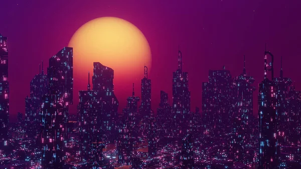 Şehir Sahnesi Siber Şehir Disko Geleceği Kavrama Arkaplanı 3d Hazırlama