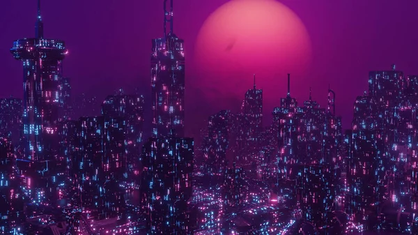 Scifi Cityscape Night Neon Felhőkarcoló Cyber Punk City Tapéta Háttér — Stock Fotó