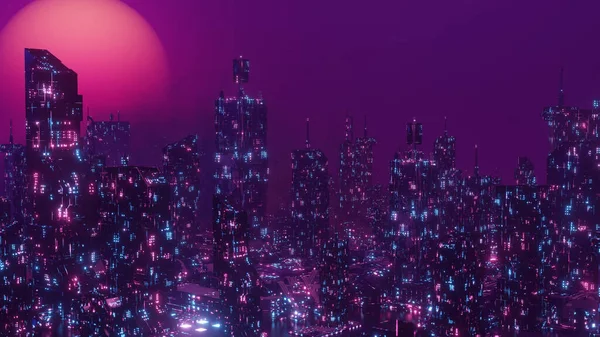 城市示范之夜网络朋克城市景观横幅背景3D渲染 — 图库照片