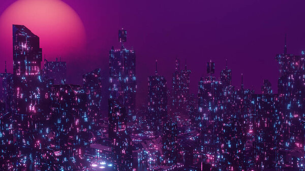 City Illustration Night Cyberpunk Cityscape Banner Background 3d Render