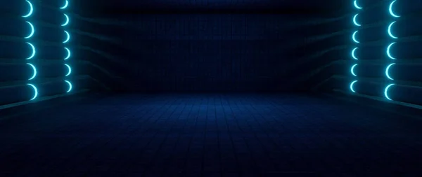 Bilgisayarlı Galaksiler Arası Showroom Garajı Boş Koridor Spotlight Bebek Mavi — Stok fotoğraf
