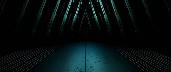 Gelecekçi Endüstriyel Metalik Yansıtıcı Stüdyo Odası Mavi Turkuaz Arkaplan Uzaylı Konsepti 3D