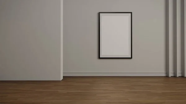 White frame mock up wooden floor with light wall. 3D illustration.