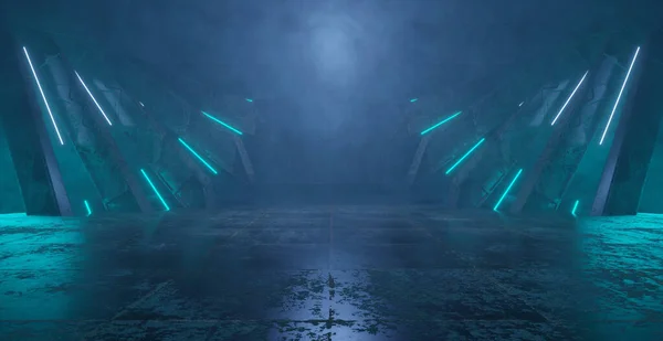 ネオン未来のターコイズブルーレーザービーム垂直空スペースダークルーム廊下トンネル回廊宇宙船宇宙船エイリアンコンクリート3Dレンダリング — ストック写真