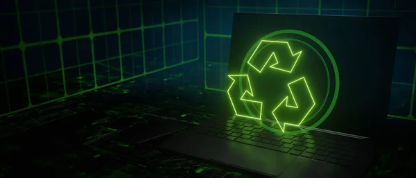 Recycle tech green glowing above laptop 3D Render