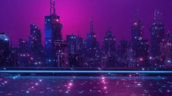 Cyber City Ilustracja Nocy Niesamowite Tapety Tło — Zdjęcie stockowe