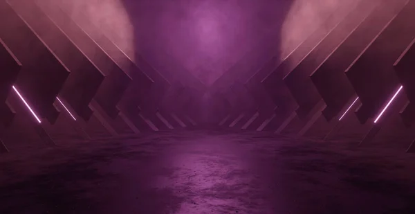 Sf未来型ガレージパープル宇宙船スタジオショールームギャラリーコンクリートアスファルトトンネル回廊3Dレンダリング — ストック写真