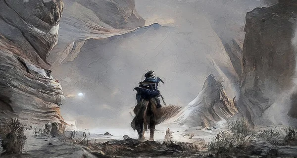 Dağın önünde duran bir adam başka bir yere gitmek için girişte, dijital sanat tarzı, resimli resim