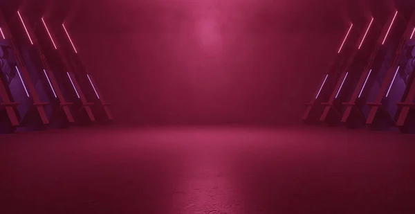 Abstract Cinematic Sci Fi Garage Neon Laser Retro Modern Spaceship Studio Showroom Gallery Concrete Asphalt Floor Hangar Tunnel Corridor Deep Red Banner Background Wallpaper 3D Illustration