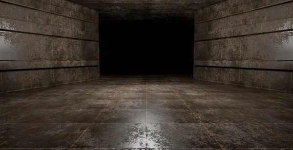 科幻Grungy地下车库Sci Futuristic Hall Stage Podium Grunge Column Spacship Tunnel Dark — 图库照片