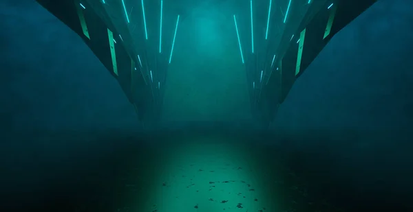 Neon Glow Futuristic Corridor Hangar Basement Underground Interdimensional Dystopian Deep Blue Green Background Architecture 3D Illustration
