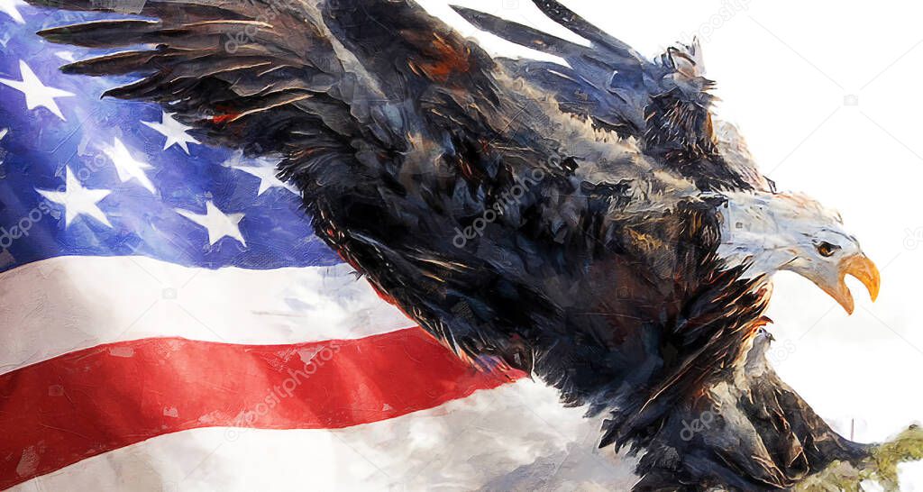 Eagle With American Flag Flies Freedom. 4th of July Independence Day. Digital Painting, Oil Paint Effect.