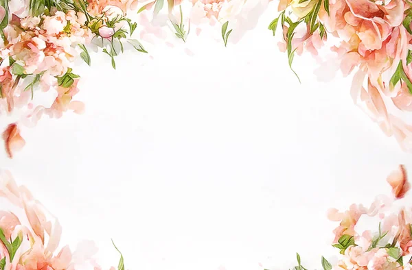 Pembe çiçekler yeşil yapraklar. Telif alanı düz. Boyalı suluboya boya boya..