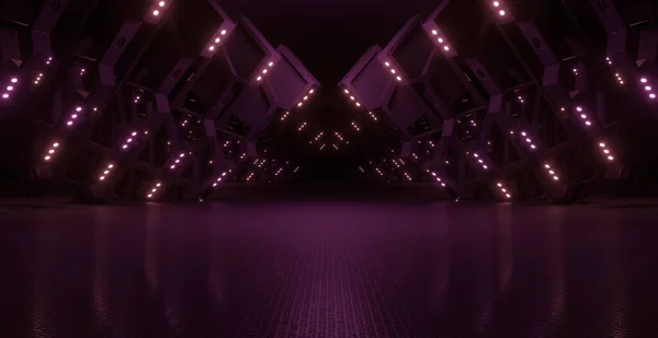 未来型産業用駐車場地下駐車場ガレージスタジオラフモダン反射宇宙船トンネル回廊ショーケースブライトパープルアブストラクト背景アブストラクト3Dレンダリング — ストック写真
