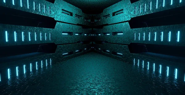 计算机化的星际金属停车场停车场车库里聚光灯深蓝色横幅背景概念未来的展示室蒙太奇3D图解 — 图库照片